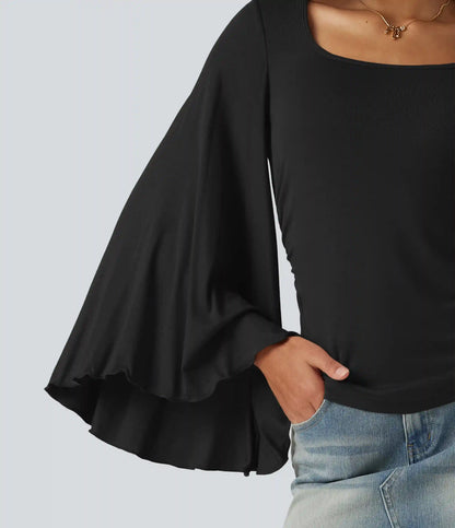 Ribbed Square Neck Flounce 7/8 Sleeve Ruched Casual T-Shirt