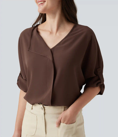 V Neck Long Sleeve Asymmetric Relaxed Work Blouse