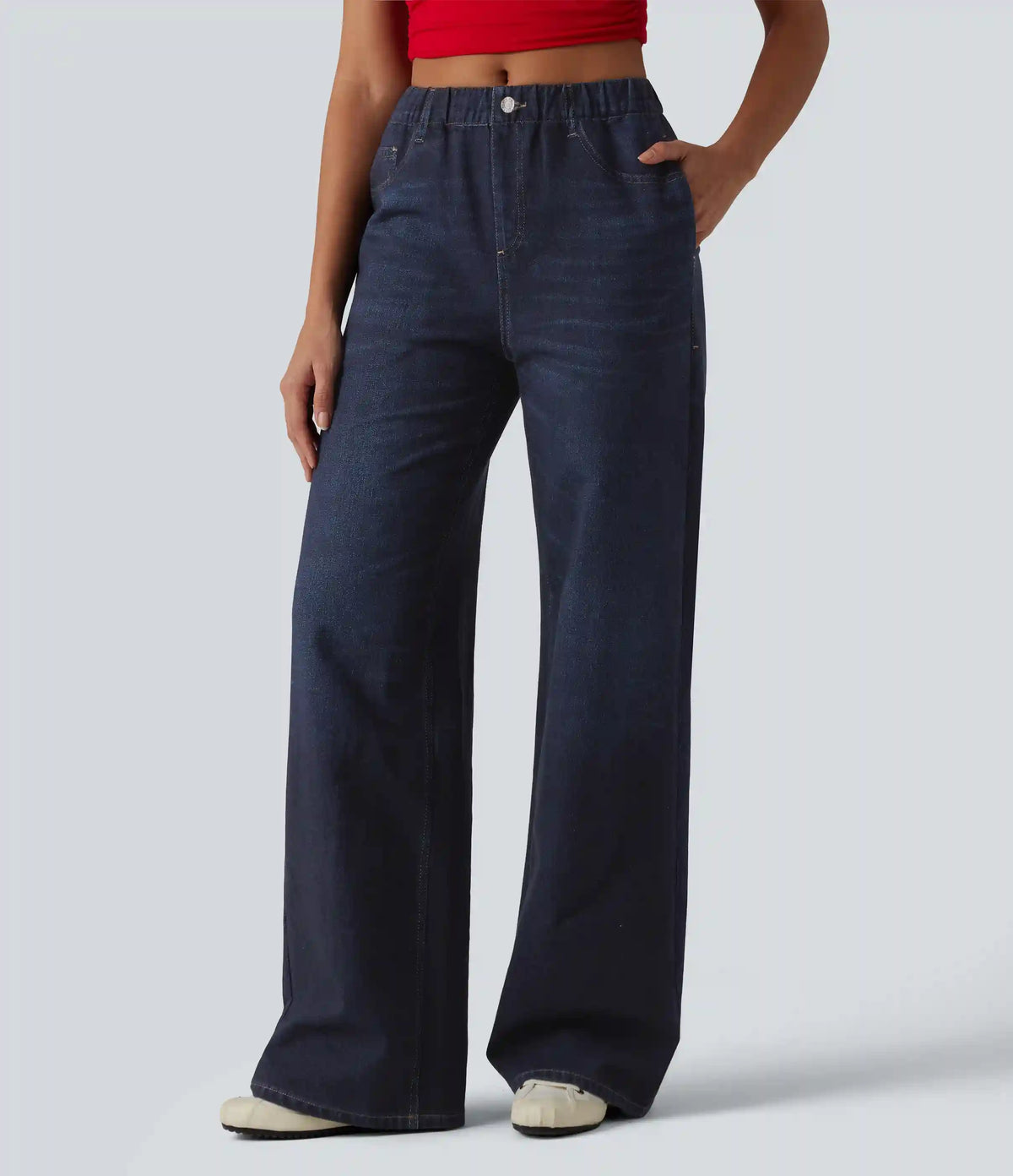 Mid Rise Denim Print French Terry Casual Sweatpants Jeans with Pockets