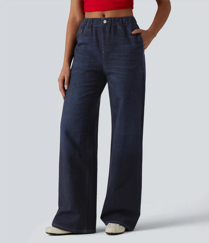 Mid Rise Denim Print French Terry Casual Sweatpants Jeans with Pockets