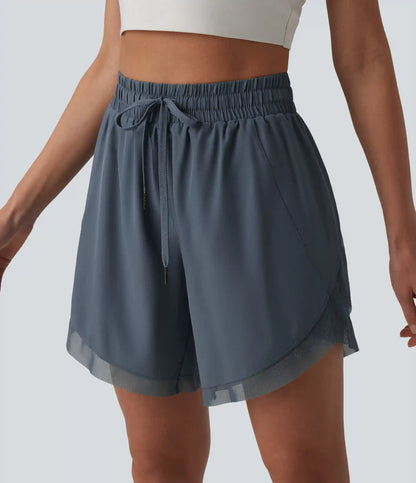 Mid Rise Drawstring Contrast Mesh 2-in-1 Flowy Yoga Shorts 7''