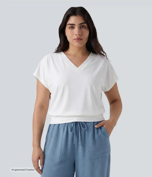 Plus Size V Neck Short Sleeve Oversized Cool Touch Quick Dry Yoga Sports Top
