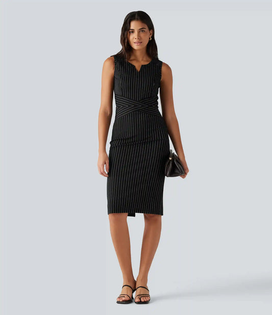 Notched Collar Sleeveless Bodycon Stripe Midi Work Dress