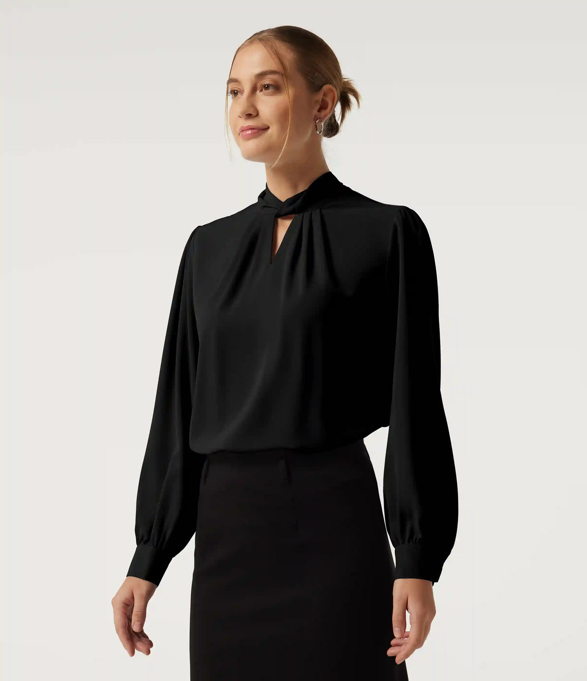 Mock Neck Tie Back Long Sleeve Work Blouse