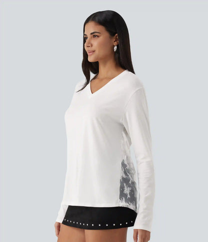 V Neck Long Sleeve Cut Out Back Contrast Lace Casual T-Shirt