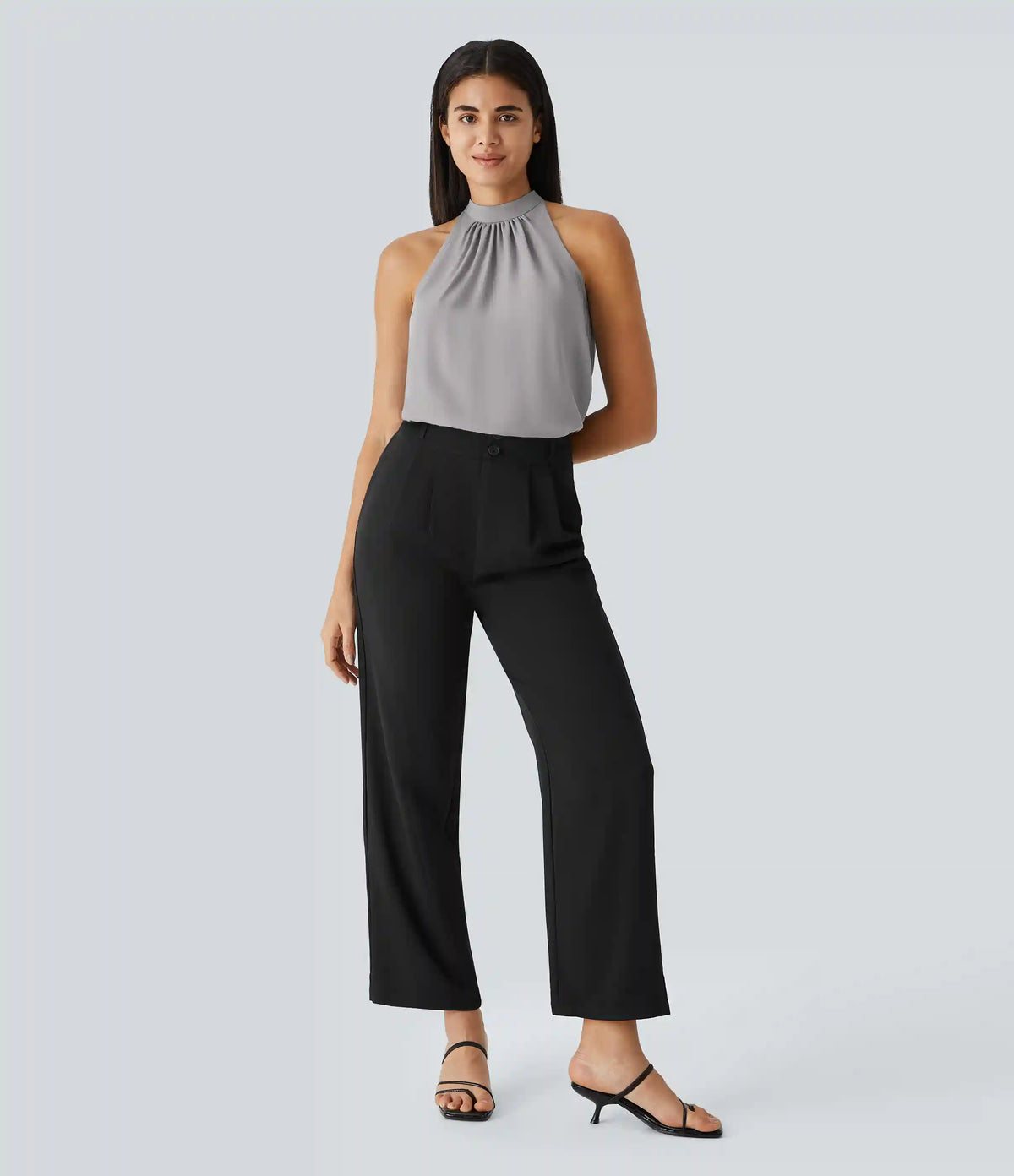Keyhole Back Halter Sleeveless Curved Hem Work Blouse