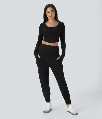 High Waisted Foldover Pocket Harem Fleece Casual Cargo Joggers