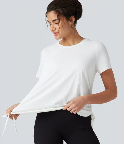 Round Neck Short Sleeve Drawstring Hem InstantCool Quick Dry Workout Sports Top