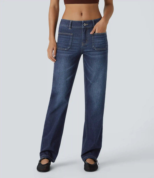 Halara Flex™ Low Rise Zipper Pockets Straight Leg Washed Casual Jeans