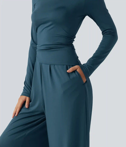Boat Neck Long Sleeve Wide Leg Ruched Casual Jumpsuit with Pockets-Easy Peezy Edition