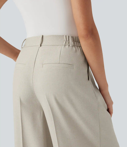 High Waisted Wide Leg Work Linen-Feel Pants with Pockets
