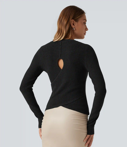 Round Neck Long Sleeve Cut Out Crossover Casual Sweater