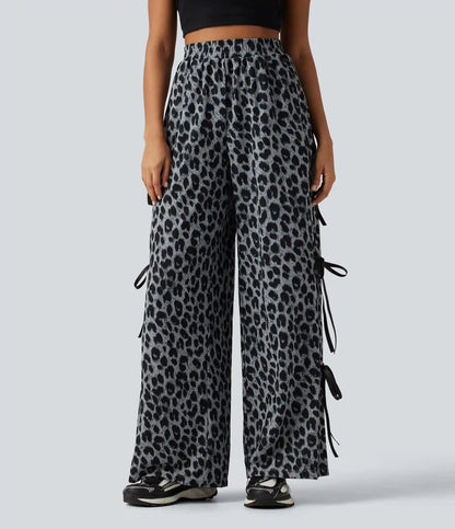 High Waisted Leopard Print Waffle Wide Leg Casual Pants with Pockets