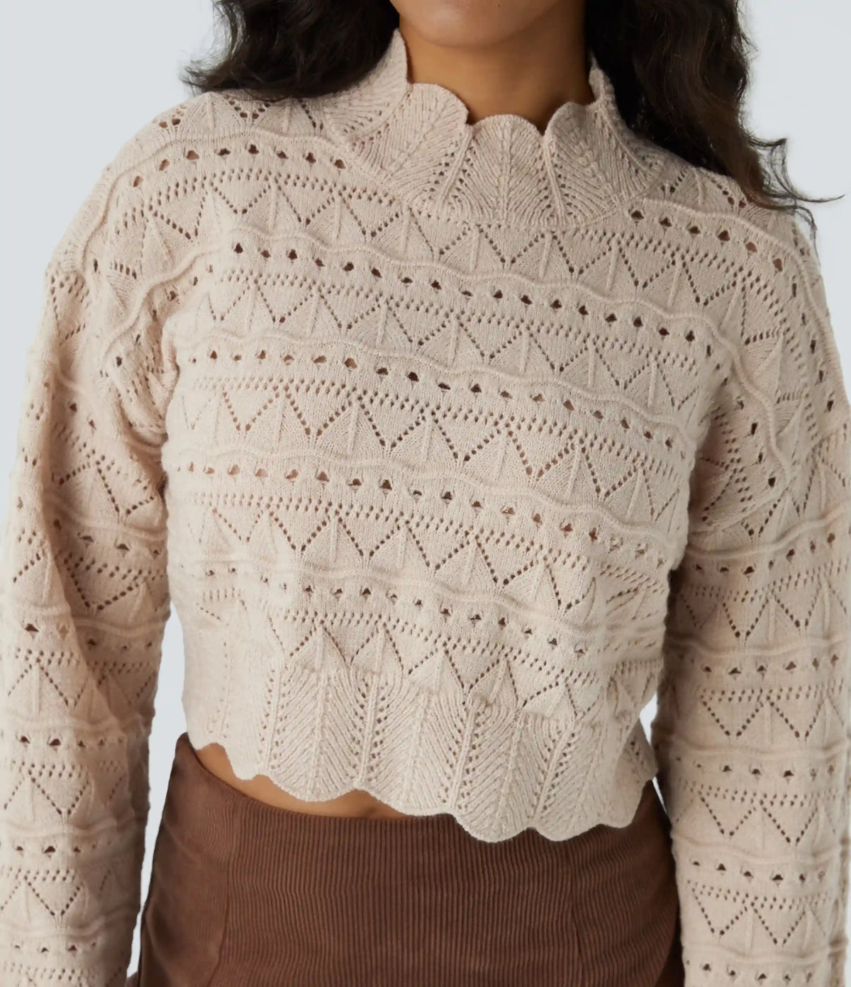 Mock Neck Bishop Sleeve Scallop Hem Open Knit Casual Sweater