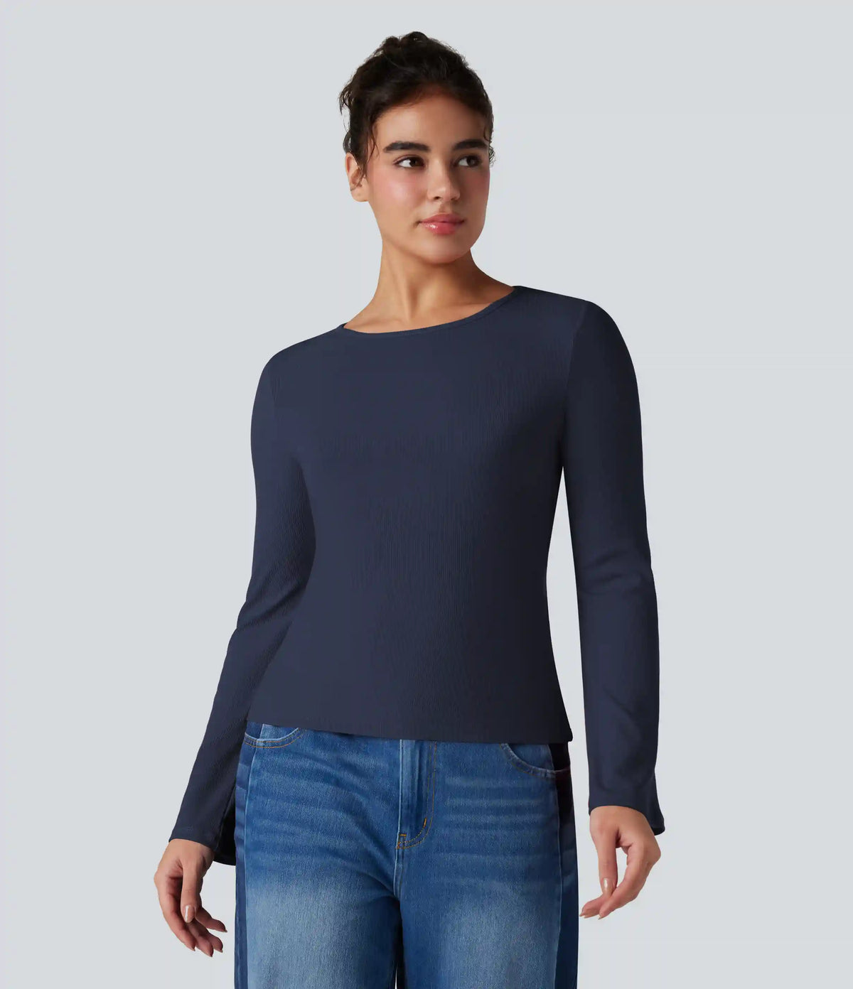 Ribbed Knit Round Neck Flounce Long Sleeve Casual Top