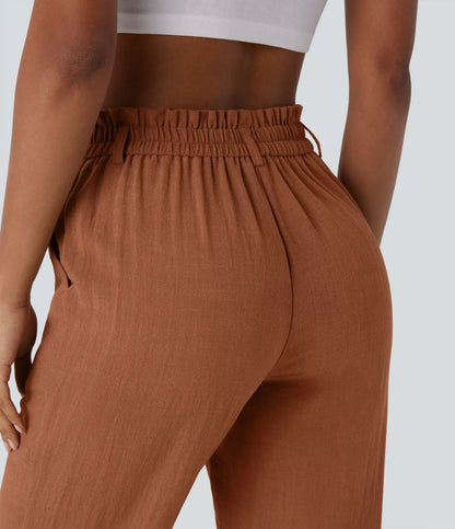 High Waisted Zipper Pocket Cropped Linen-Feel Pants