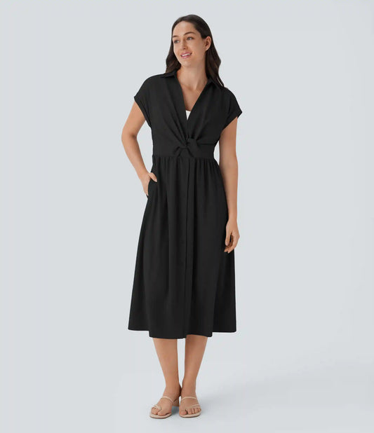 V Neck Short Sleeve Pocket Midi Casual Dress