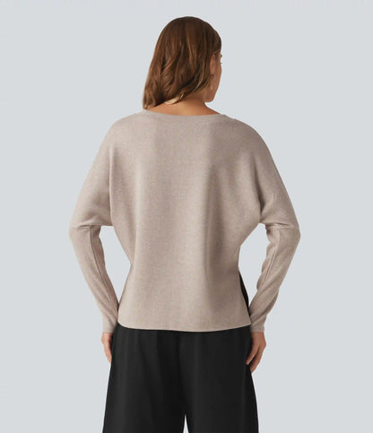 Ribbed V Neck Batwing Long Sleeve Casual Top