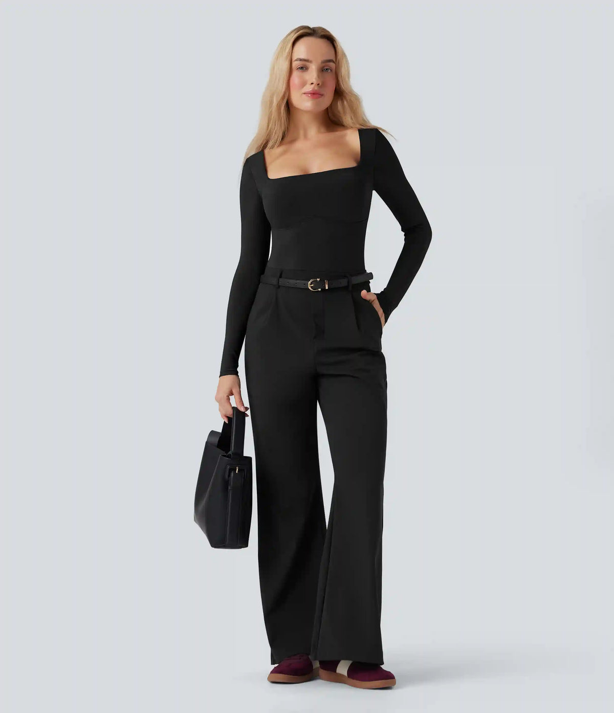 Square Neck Long Sleeve Built-in Bra Skinny Work Bodysuit