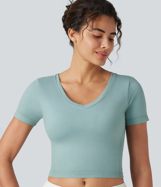 OneForm Seamless Flow V Neck Short Sleeve Built-in Bra Cropped Yoga Sports Top