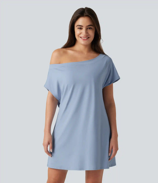 SoftlyZero™ Airy One Shoulder Short Sleeve Built-in Bra InstantCool Mini Casual Dress