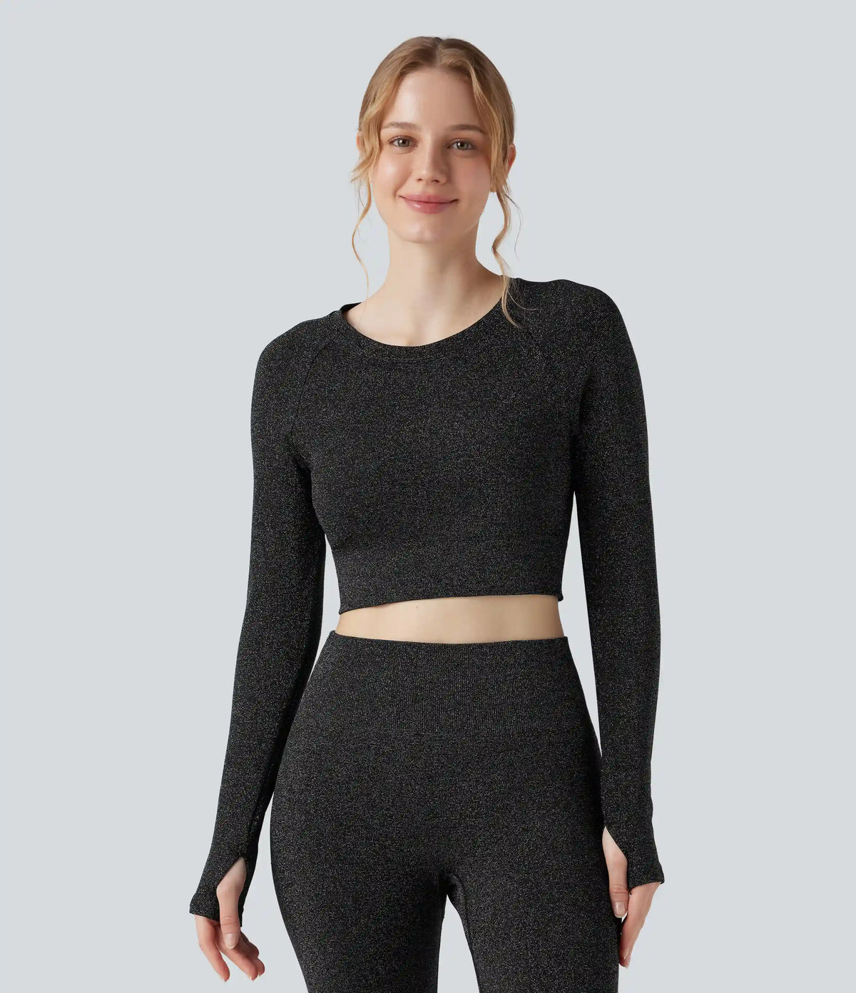 Sparkle OneForm Seamless Flow Round Neck Long Sleeve Thumb Hole Cropped Workout Sports Top