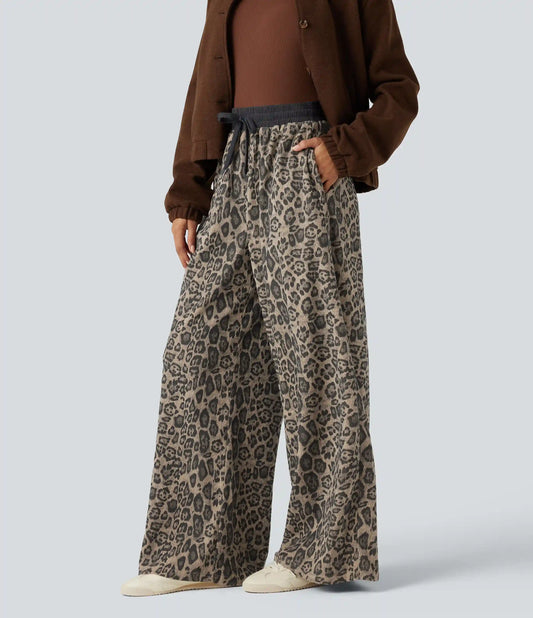 High Waisted Drawstring Leopard Print Casual Baggy Pants with Pockets