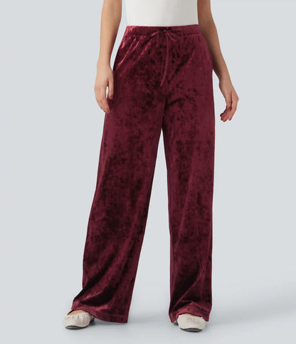 High Waisted Drawstring Velvet Casual Wide Leg Pants with Pockets