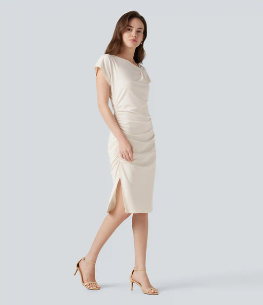 Asymmetric Cowl Neck Short Sleeve Ruched Split Hem Work Dress