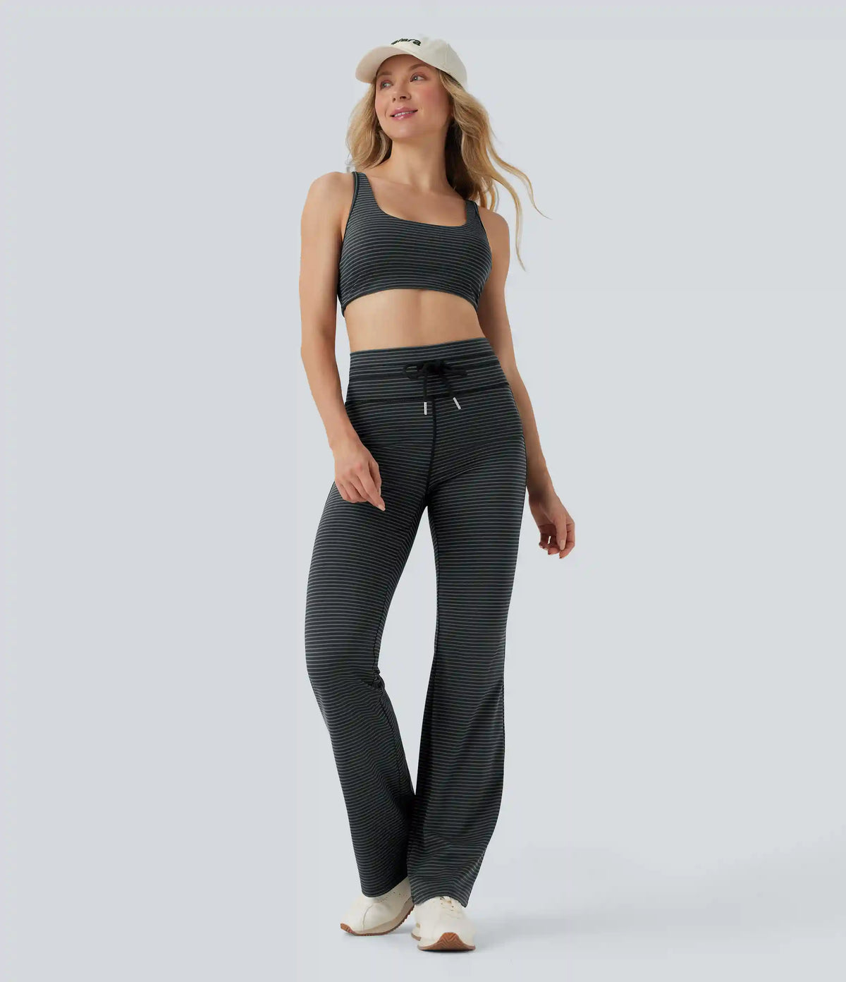 High Waisted Drawstring Stripe Flare Yoga Pants with Pockets