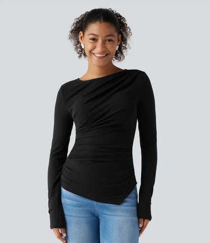 Boat Neck Long Sleeve Ruched Asymmetric Hem Thermal Casual Top