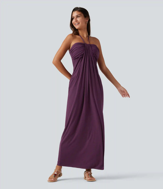 Halter Tie Back Built-in Bra Maxi Dress with Pockets DD-F Cups