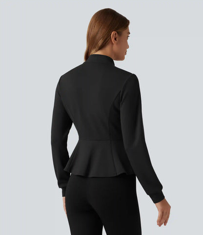 SpacerTek™ Stand Collar Zip Fly Long Sleeve Ruffle Hem Yoga Jacket with Pockets