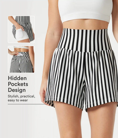 Ultra High-Waist Stripes 2-in-1 Yoga Baggy Shorts with Pockets