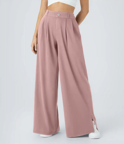 High Waisted Zipper Pocket Hem Wide Leg Casual Pants