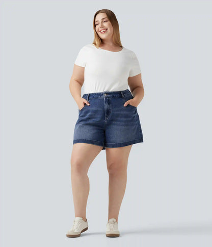 Plus Size Halara Flex™ Mid Rise Rolled Hem Denim Casual Shorts 5'' with Pockets
