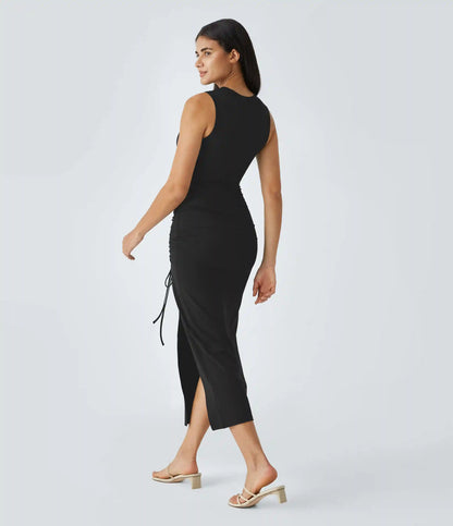 Round Neck Cut Out Ruched Drawstring Hem Bodycon Maxi Casual Dress