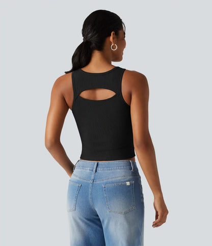 Ribbed Knit Round Neck Built-in Bra Cut Out Cropped Casual Tank Top