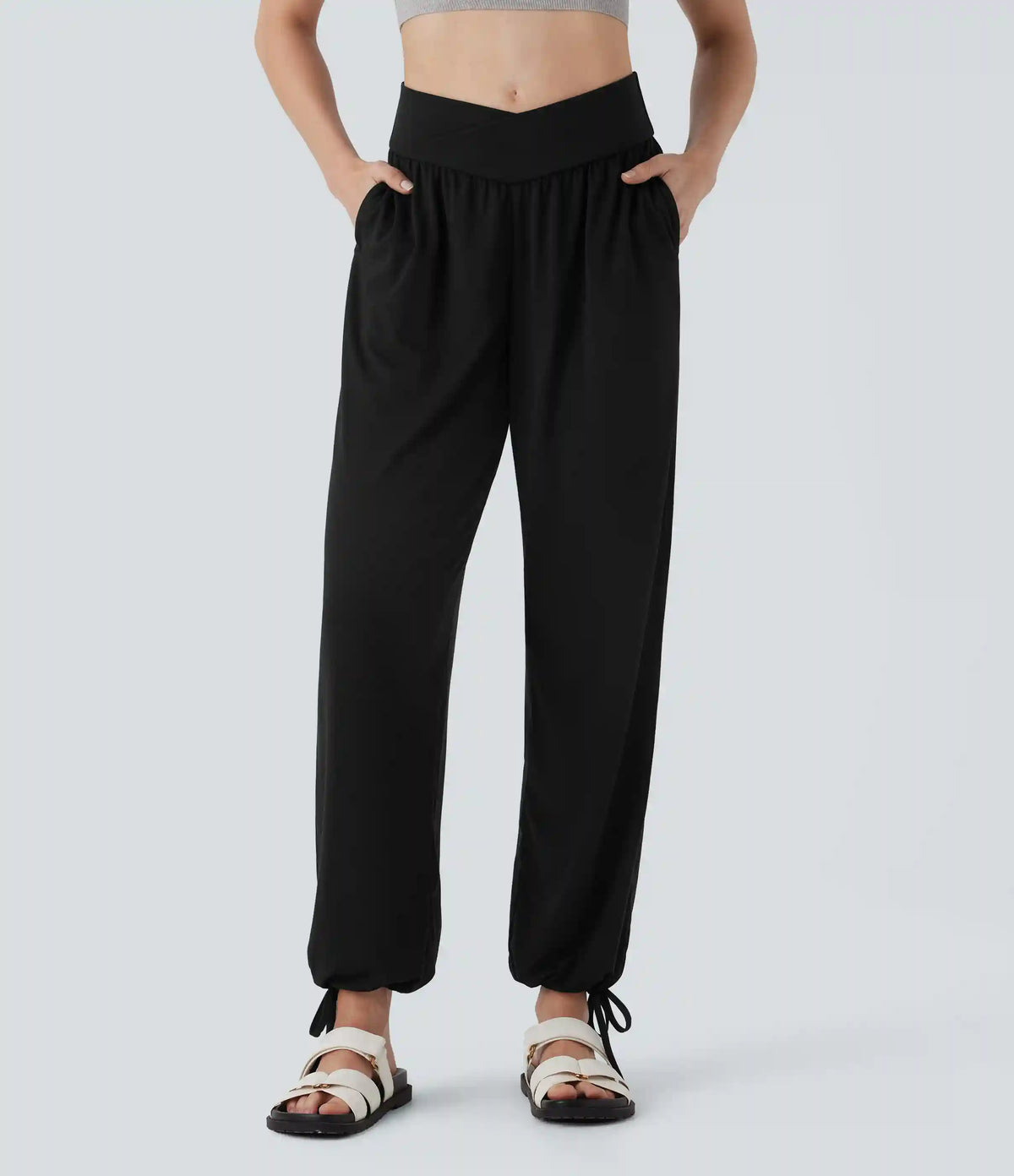 Crossover High Waisted Pocket Drawstring Casual Joggers
