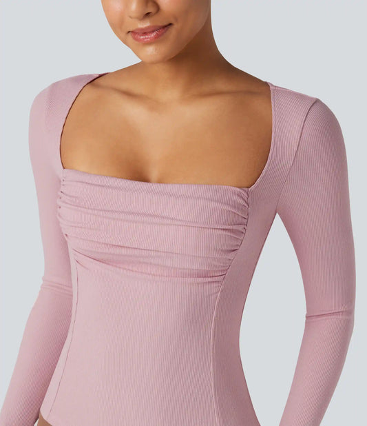 Ribbed Knit Square Neck Ruched Long Sleeve Work T-Shirt