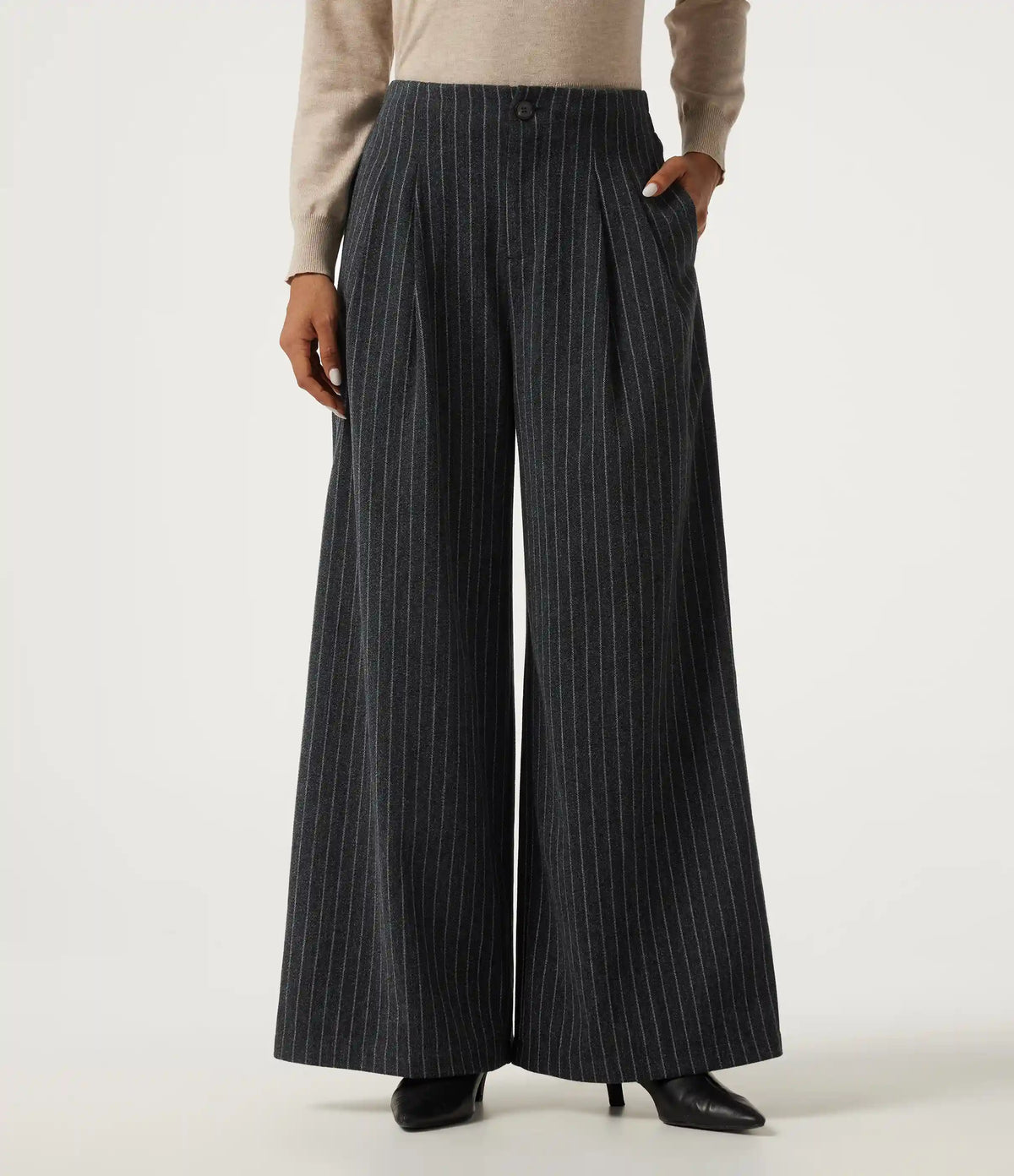 High Waisted Wide Leg Stripe Fleece Work Pants with Pockets