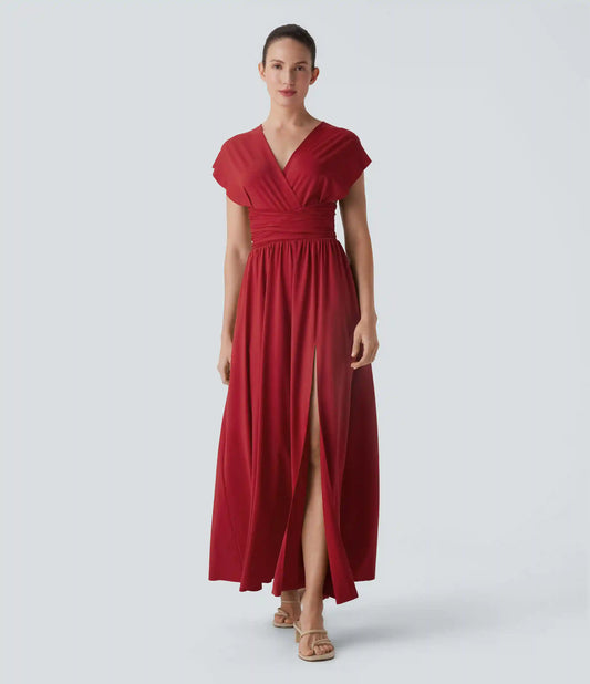 V Neck Short Sleeve Tie Back Maxi Dress with Pocket