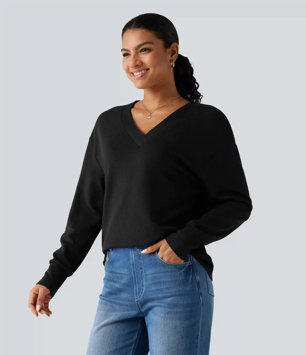 V Neck Long Sleeve Waffle Yoga Top