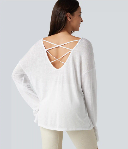 Boat Neck Long Sleeve Sheer Casual Top