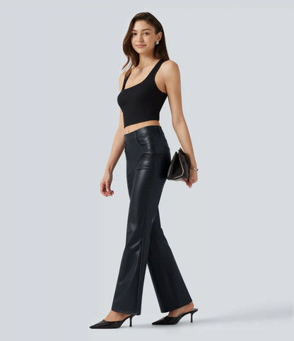 Mid Rise Stretchy PU Bootcut Casual Pants with Pockets