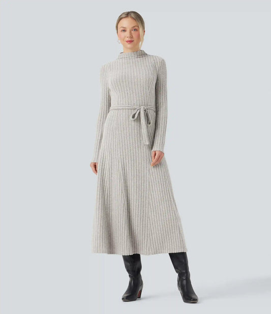 Ribbed Knit Mock-neck Long Sleeve Belted Casual Maxi Dress