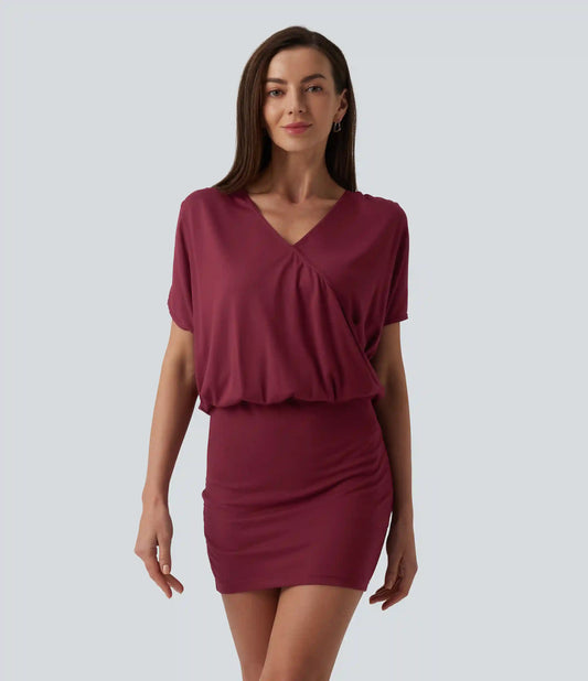 V Neck Short Sleeve Tie Back Bodycon Micro Mini Casual Dress