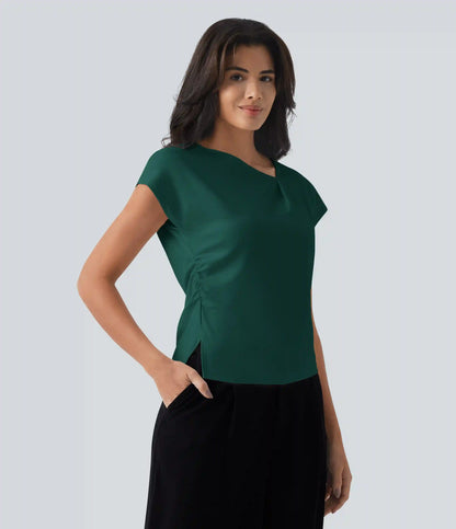 Asymmetric Cowl Neck Short Sleeve Ruched Split Hem Work Blouse