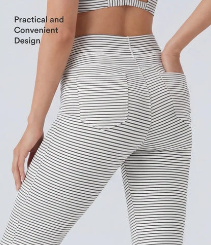 High Waisted Drawstring Stripe Flare Yoga Pants with Pockets