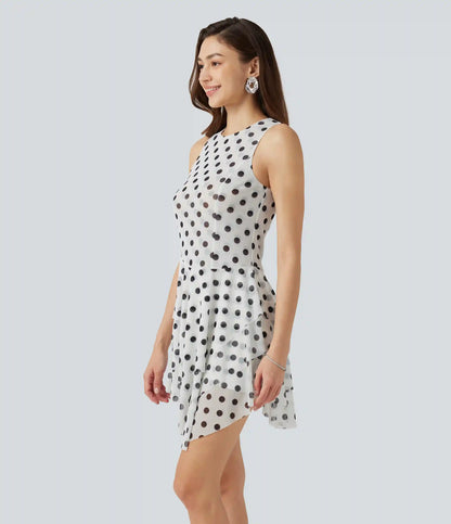 Round Neck Sleeveless Asymmetric Layered 2-Piece Polka Dot Mini Dress with Pocket